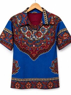 Vintage Michelangelo Dashiki Shirt Mens M Blue African Print Short Sleeve Boho